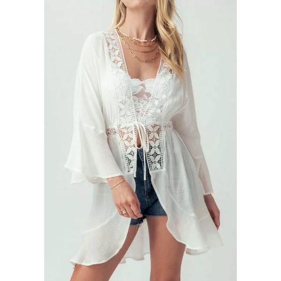 CLEARANCE Off White Boho Crochet Ruffle Bell Sleeve Cardigan - Picture 4 of 4
